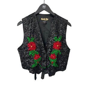 Match Ups Natco Poinsettia  Vintage Vest Size Medium Sequin Beaded Christmas
